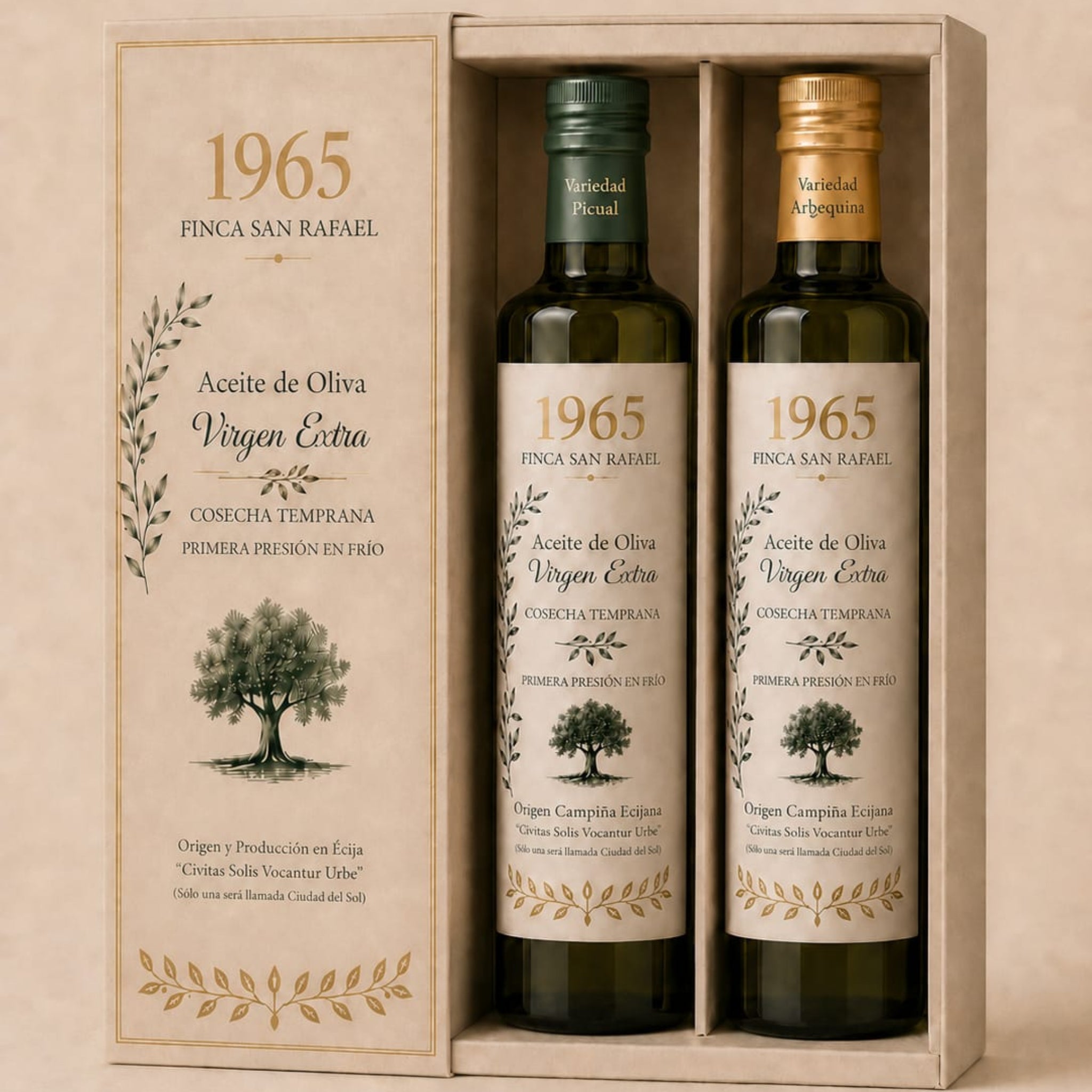 GESCHENKSET MIT 2 FLASCHEN OLIVENÖL EXTRA VIRGIN, SORTEN ARBEQUINA UND PICUAL