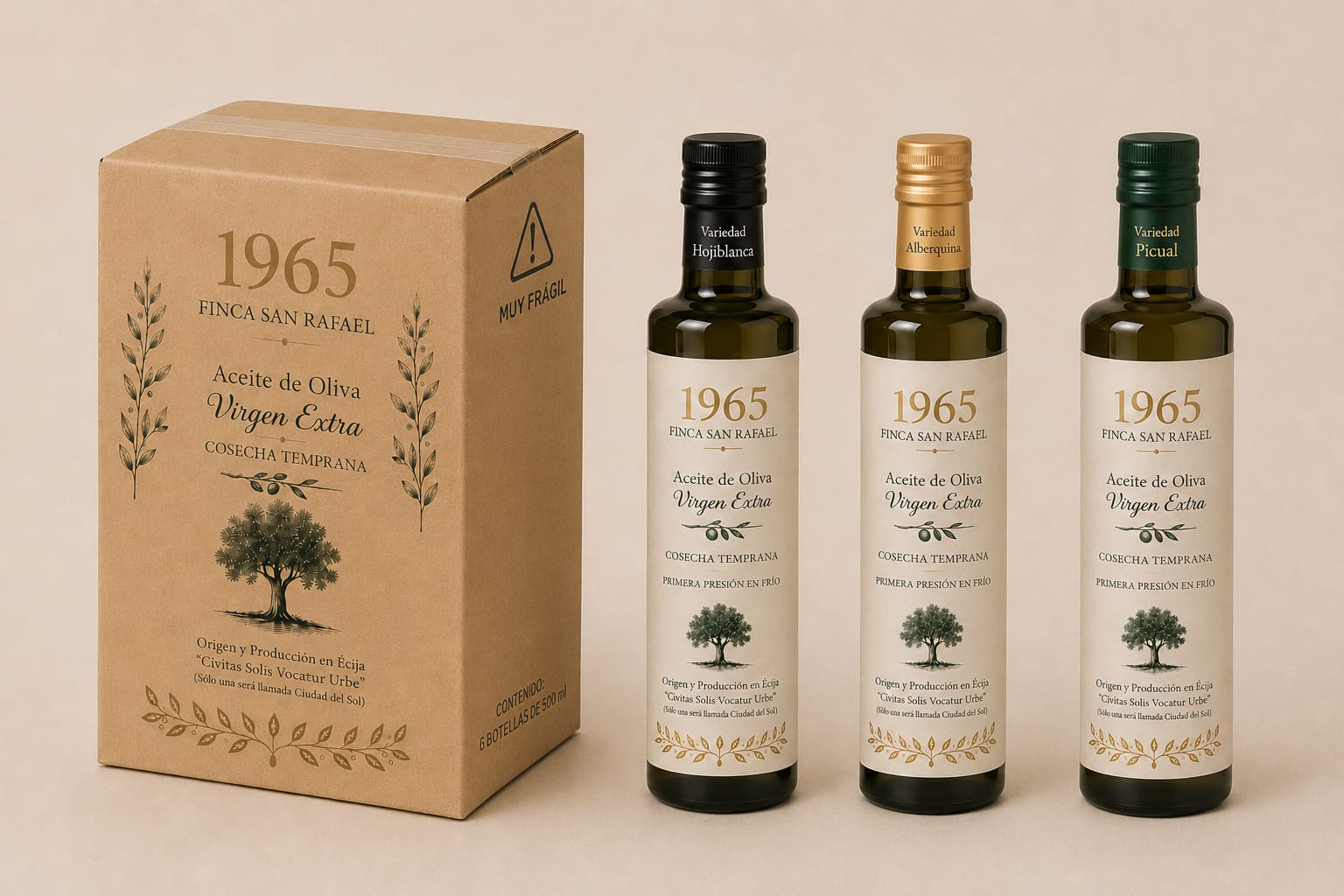 CAJA DE 6 BOTELLAS DE AOVE, VARIEDAD HOJIBLANCA, ARBEQUINA, PICUAL