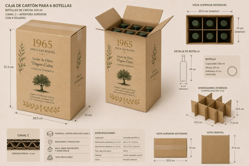 CAJA DE 6 BOTELLAS DE AOVE, VARIEDAD ARBEQUINA