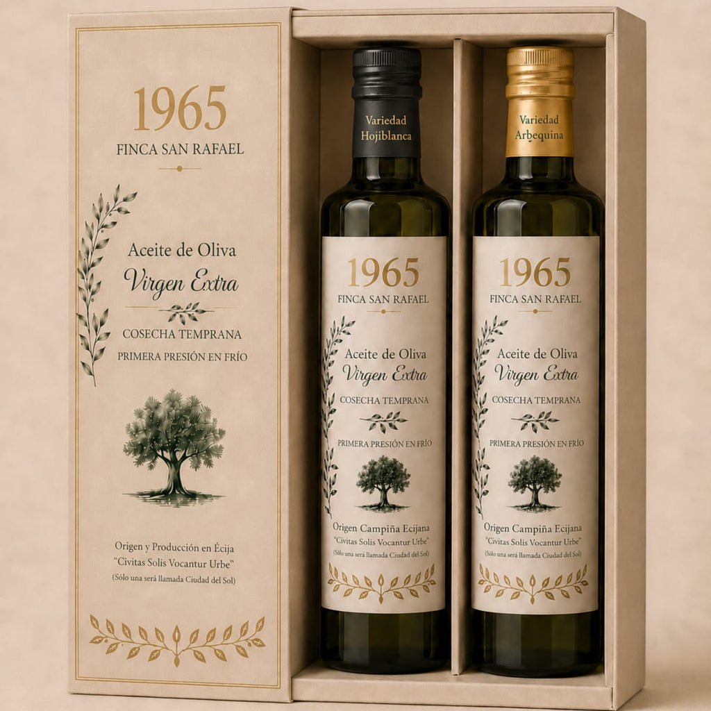 ESTUCHE REGALO DE 2 BOTELLAS DE AOVE, VARIEDAD ARBERQUINA Y HOJIBLANCA